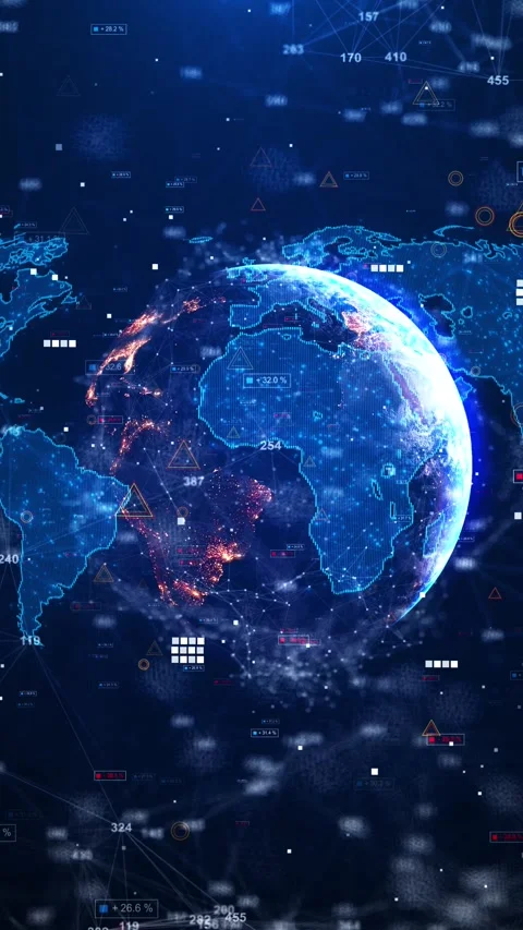 Blue world map technology globe glowing continents, floating interface elements, Stock Footage 340456756
