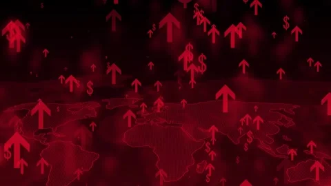 Blue world map with upward arrows and dollar signs, symbolizing global econ.. Stock Footage 308884090