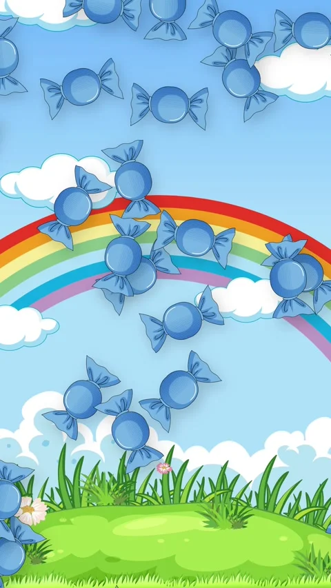 Blue Wrapped Candies Falling Over Cartoon Rainbow and Green Meadow Stock Footage 340323444