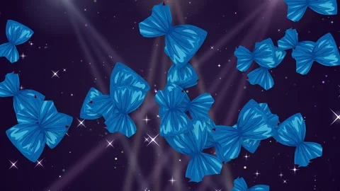 Blue Wrapped Candy Pieces Bursting Over Sparkling Purple Glitter Background Stock Footage 344850785