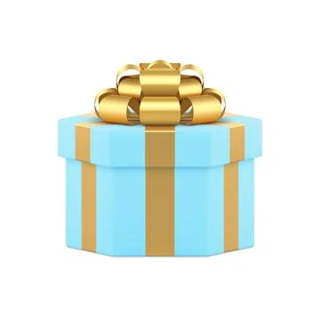 Blue wrapped hexagonal gift box with golden luxury bow ribbon 3d icon realist Illustrazione stock