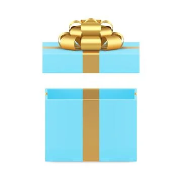 Blue wrapped open gift box rectangular pack with golden bow ribbon 3d icon .. 스톡 일러스트