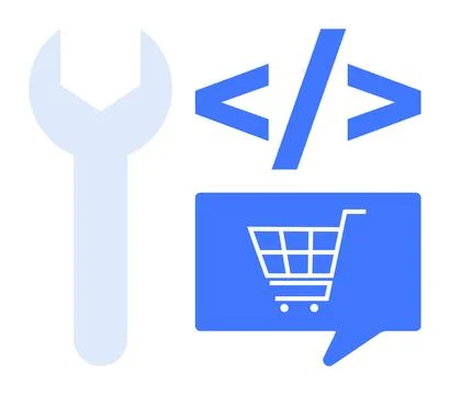 Blue wrench adjacent to code tag and shopping cart in a speech bubble. Ideal  库存插图