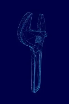 Blue wrench is shown in a 3D image. The wrench is a tool used for tightening or Stock Illustration