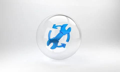 Blue Wrench spanner and arrows as workflow icon isolated on grey background.  Illustrazione stock