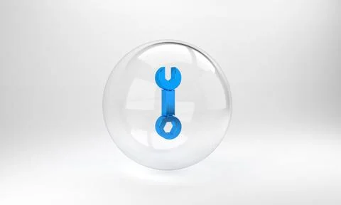 Blue Wrench spanner icon isolated on grey background. Glass circle button. 3D Illustrazione stock
