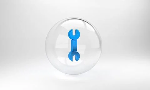 Blue Wrench spanner icon isolated on grey background. Glass circle button. 3D Stock Illustration