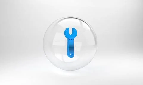 Blue Wrench spanner icon isolated on grey background. Glass circle button. 3D イラスト素材