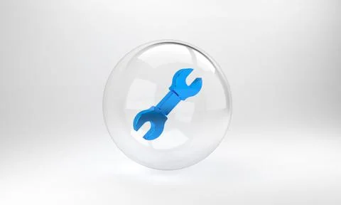 Blue Wrench spanner icon isolated on grey background. Glass circle button. 3D 스톡 일러스트