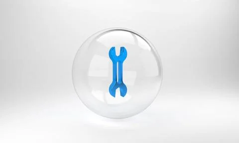 Blue Wrench spanner icon isolated on grey background. Glass circle button. 3D Stock Illustration