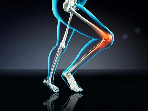 Blue X-ray of woman's knee pain while running on dark blue background Stockillustratie