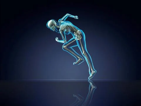 Blue X-ray of woman's skeleton running on dark reflective blue background Stockillustratie