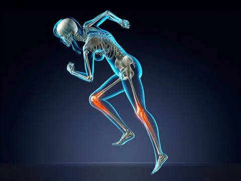Blue X-ray of woman's skeleton with knee inflammation running on dark blue Stockillustratie