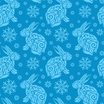 Blue xmas seamless pattern with rabbits and snow Stock Illustration