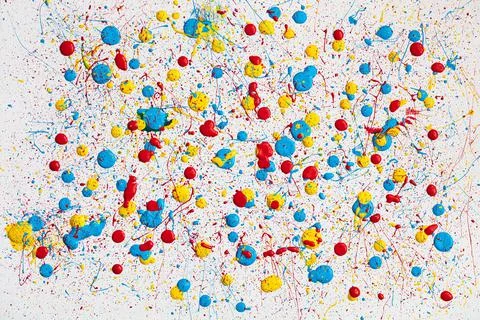 Blue,  yellow and red paint drops on white canvas. Ukrainian flag with blood  Stock Photos