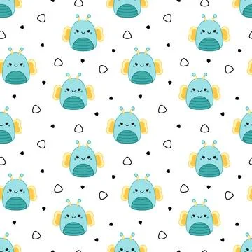 Blue yellow butterfly on seamless pattern. Squishmallow. Background with Stock Illustration