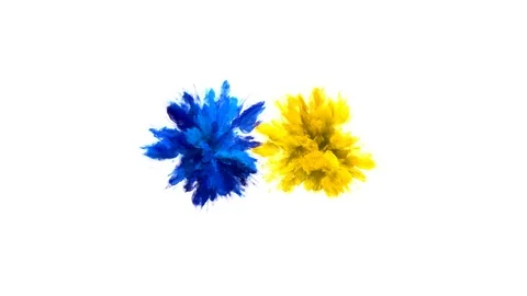 Blue Yellow Color Burst Multiple colorful smoke explosions fluid particles alpha Stock Footage 105580580