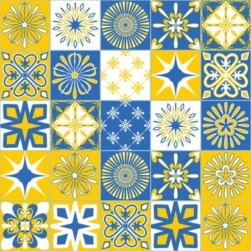 Blue yellow contrast seamless pattern, ceramic tile, vector illustration イラスト素材