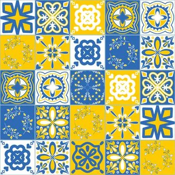 Blue yellow contrast seamless pattern, decorative ceramic tile, vector illust Stock Illustration