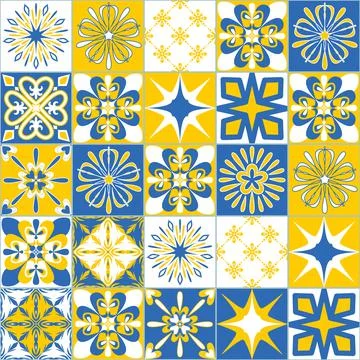 Blue yellow contrast seamless pattern, decorative square ceramic tile Illustrazione stock