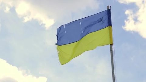 Blue-yellow flag. torn flag of Ukraine develops in the wind. Video stock 306288574