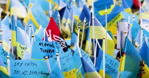 Blue-yellow flags of ukraine with a trident in memory of those killed in the 스톡 동영상 234883185