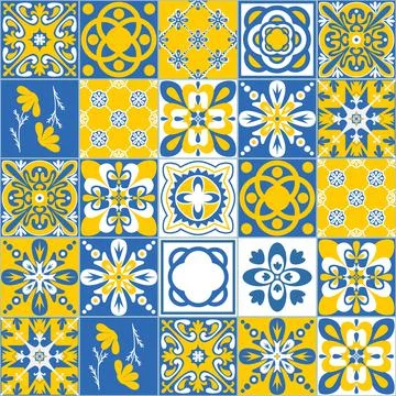 Blue yellow seamless pattern, spanish portuguese tiles for decoration, contra Ilustración de archivo
