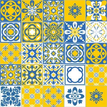 Blue yellow seamless pattern, spanish portuguese tiles for decoration 库存插图