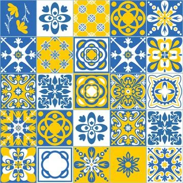 Blue yellow seamless pattern, spanish portuguese tiles vector illustration Stockillustratie
