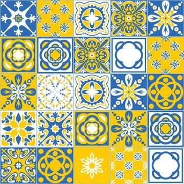 Blue yellow seamless pattern, spanish portuguese tiles for decoration, vector Ilustración de archivo
