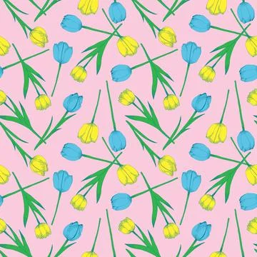 Blue yellow tulips seamless vector pattern on pink background Stock Illustration