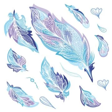 Blue Zentangle Feathers Set Stock Illustration