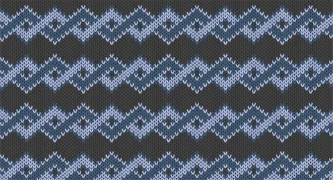 Blue zigzag on grey knitted pattern, Festive Sweater Design. Seamless Knitted Stock Illustration