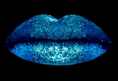 Blue_glitter_lips_close-up Stock Photos