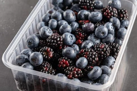 Blueberries and blackberries in a container Stock Photos
