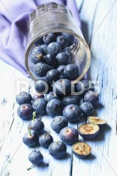 Blueberries In And In Front Of A Tipped Over Glass