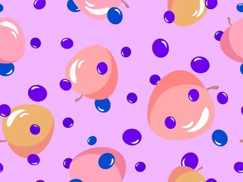 Blueberries and peaches seamless pattern. Summer fruit mix of peaches and b.. Stock Illustration