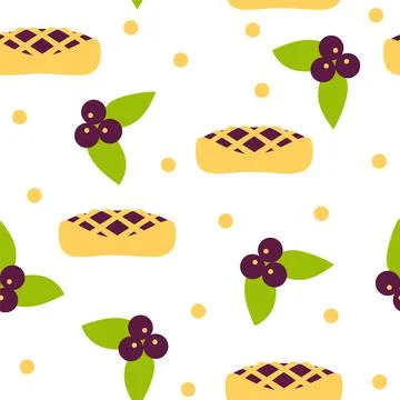 Blueberries and pie seamless pattern. Seamless pattern for design on white Stock Illustration