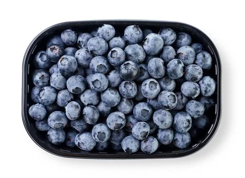 Blueberries in a container close-up on a white background. top view Stock Photos