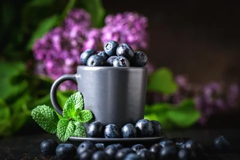 Blueberries in a Cup on a dark background. Summer and healthy food concept. B Stock Photos