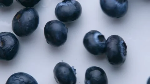 Blueberries falling in super slow motion to the white table top view from above Stock Footage 131153745