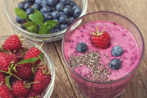 Blueberries raspberry  smoothies   (Top view ) Stock Photos