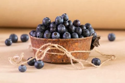 Blueberries in a rusty dish with berries scattered on the table Stock Photos