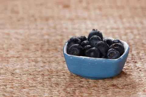Blueberries in a small blue dish on rustic background Stock Photos