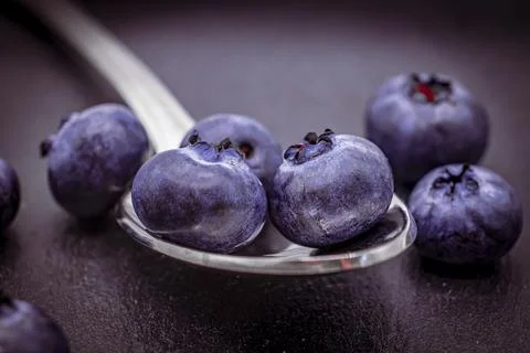 Blueberries in a spoon on a dark background Stock Photos