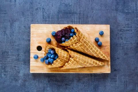 Blueberries in waffle cones Stock Photos