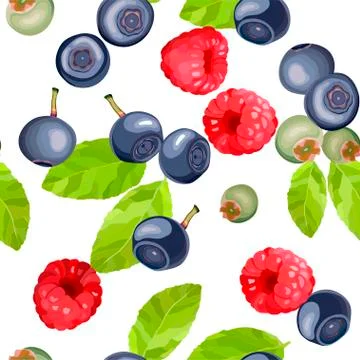 Blueberry and raspberry seamless pattern, leaves and berries Stock Illustration