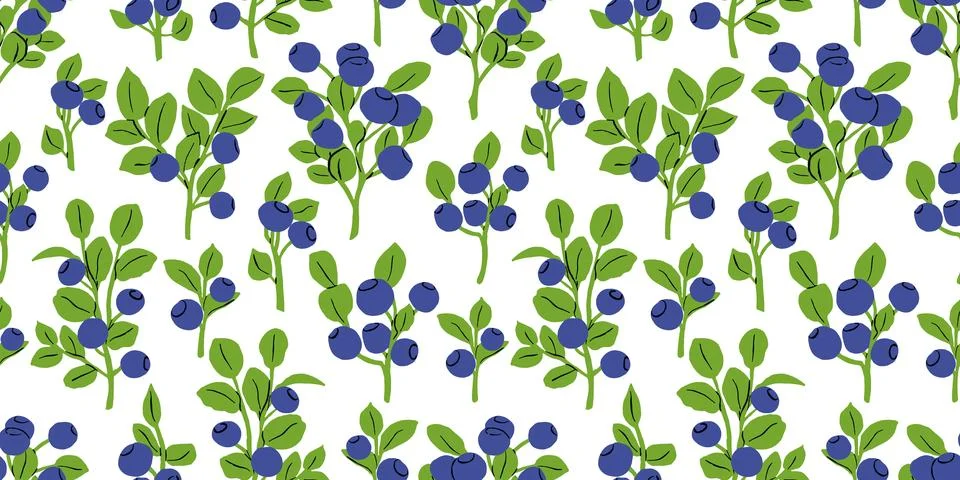 Blueberry Branch Seamless Pattern in Flat Food Style, Vector Repeat Backgroun 스톡 일러스트