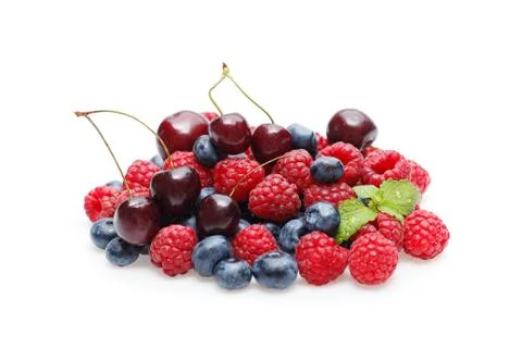 Blueberry, cherry and raspberry berries isolated on white background Stock Photos