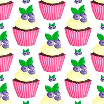 With blueberry cupcake pattern. Nice dessert print Stock Illustration
